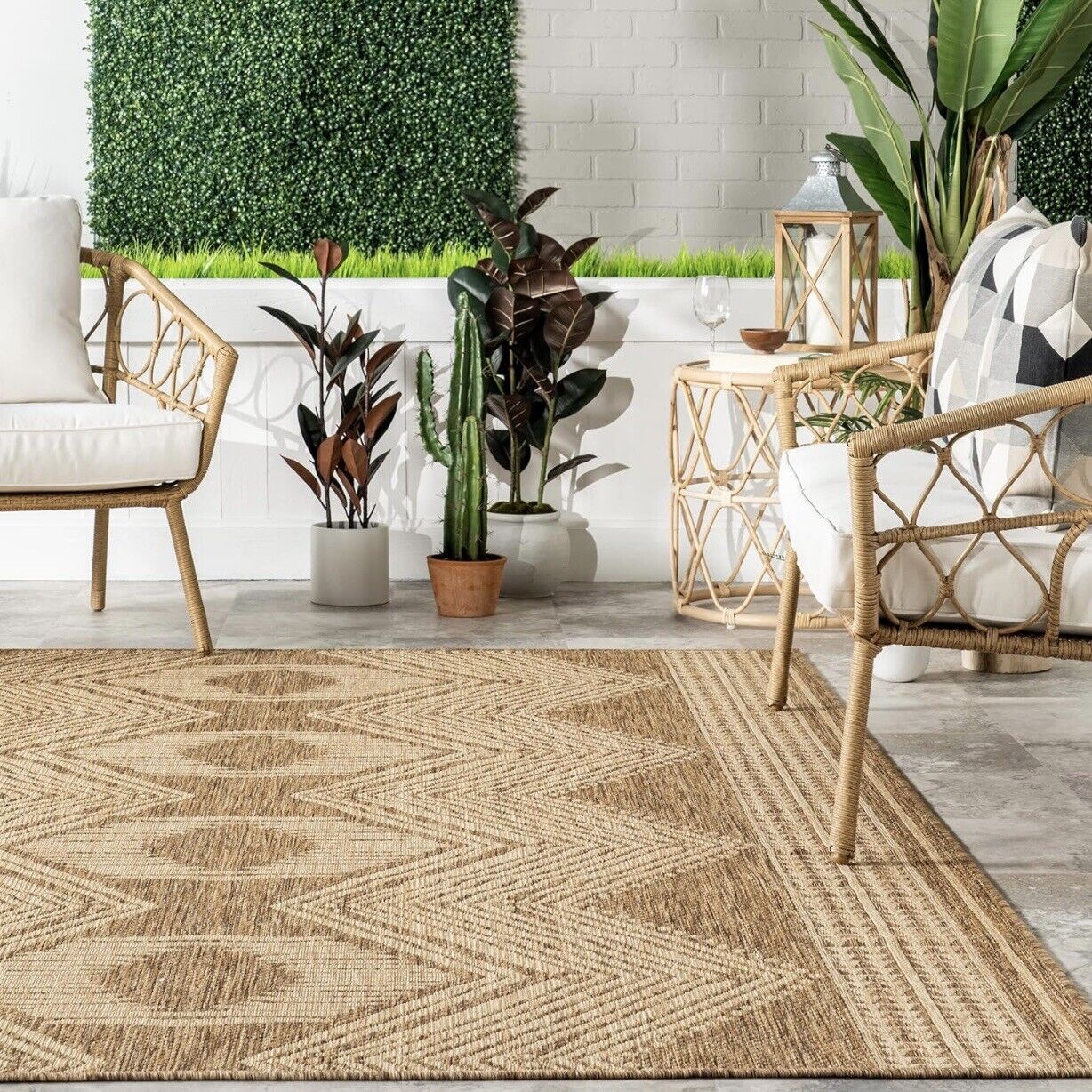 NEW West Elm Tan Woven Boho Jute Style Geometric Indoor Outdoor Area Rug 7' x 9'