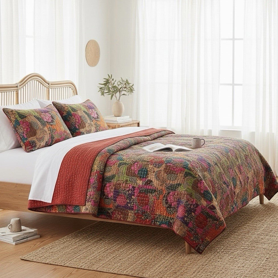 NEW Anthropologie Multicolor Floral Boho King Quilt Bedspread Bedding Sham Set