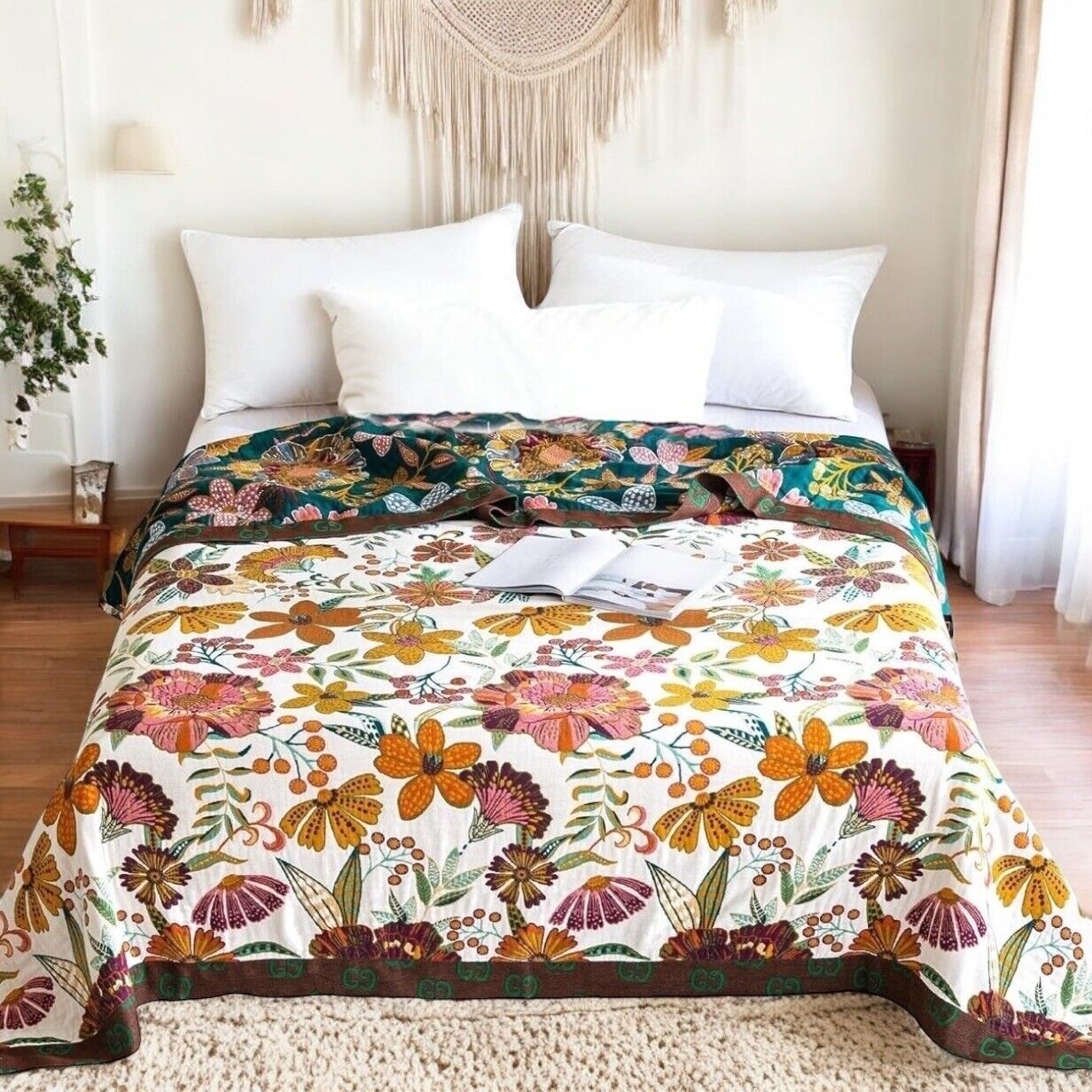 New Anthropologie Boho Floral Reversible Throw Blanket Bedspread Quilt 80" x 60"