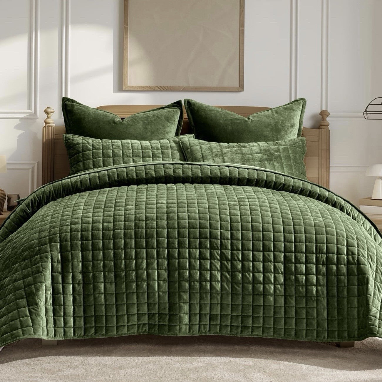 NEW West Elm Green Velvet Luxury Queen / King Size Bedding Comforter & Sham Set