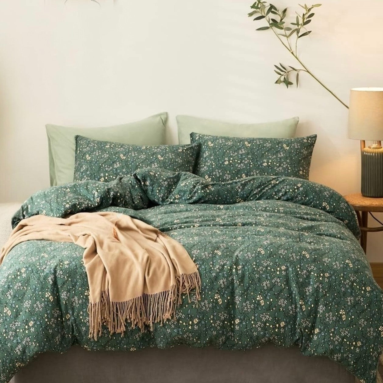 NEW Anthro Green Vintage Style Cotton Queen King Cotton Bedding Duvet & Sham Set