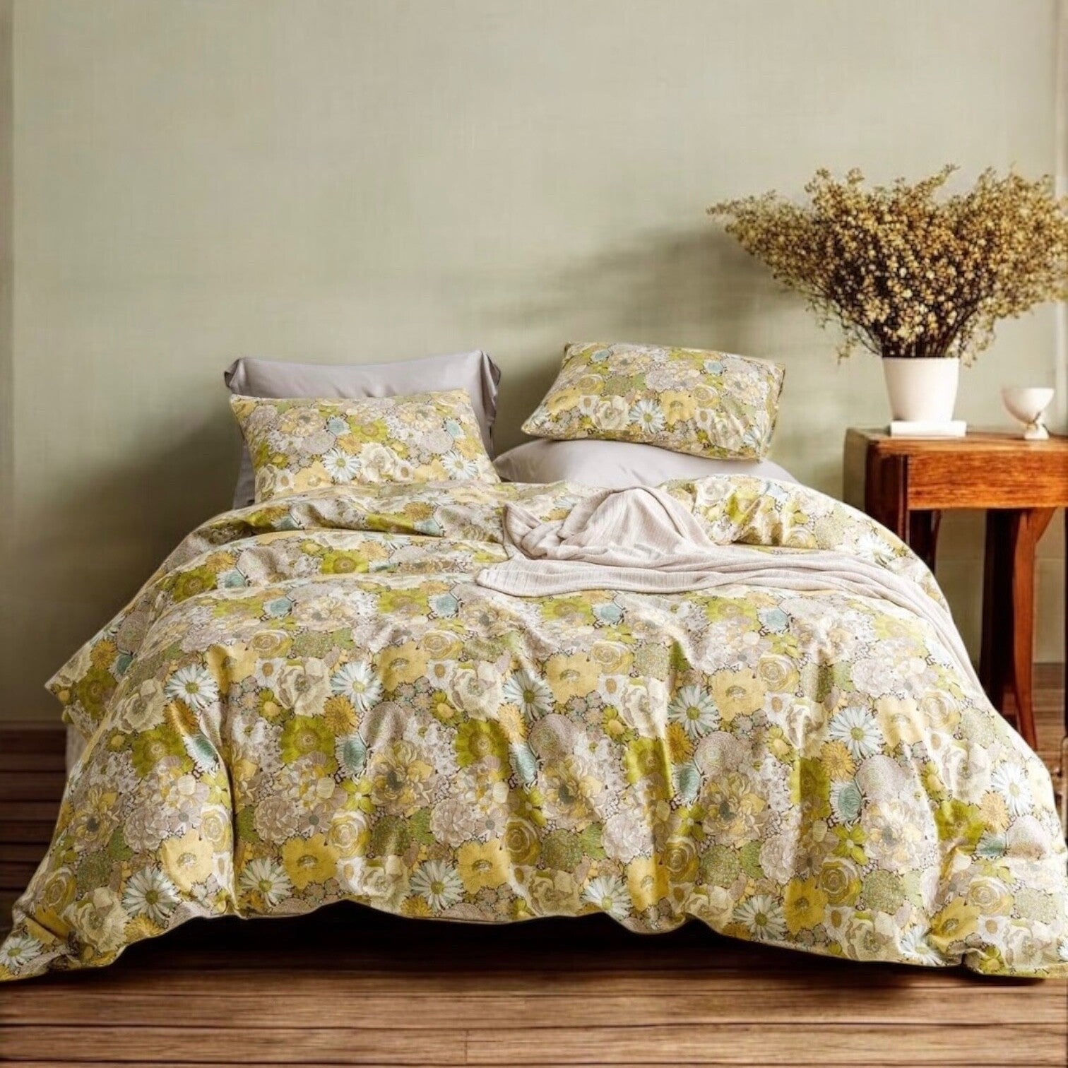 NEW Green & Yellow Floral Luxury Cotton Boho King Bedding Duvet & Sham Case Set