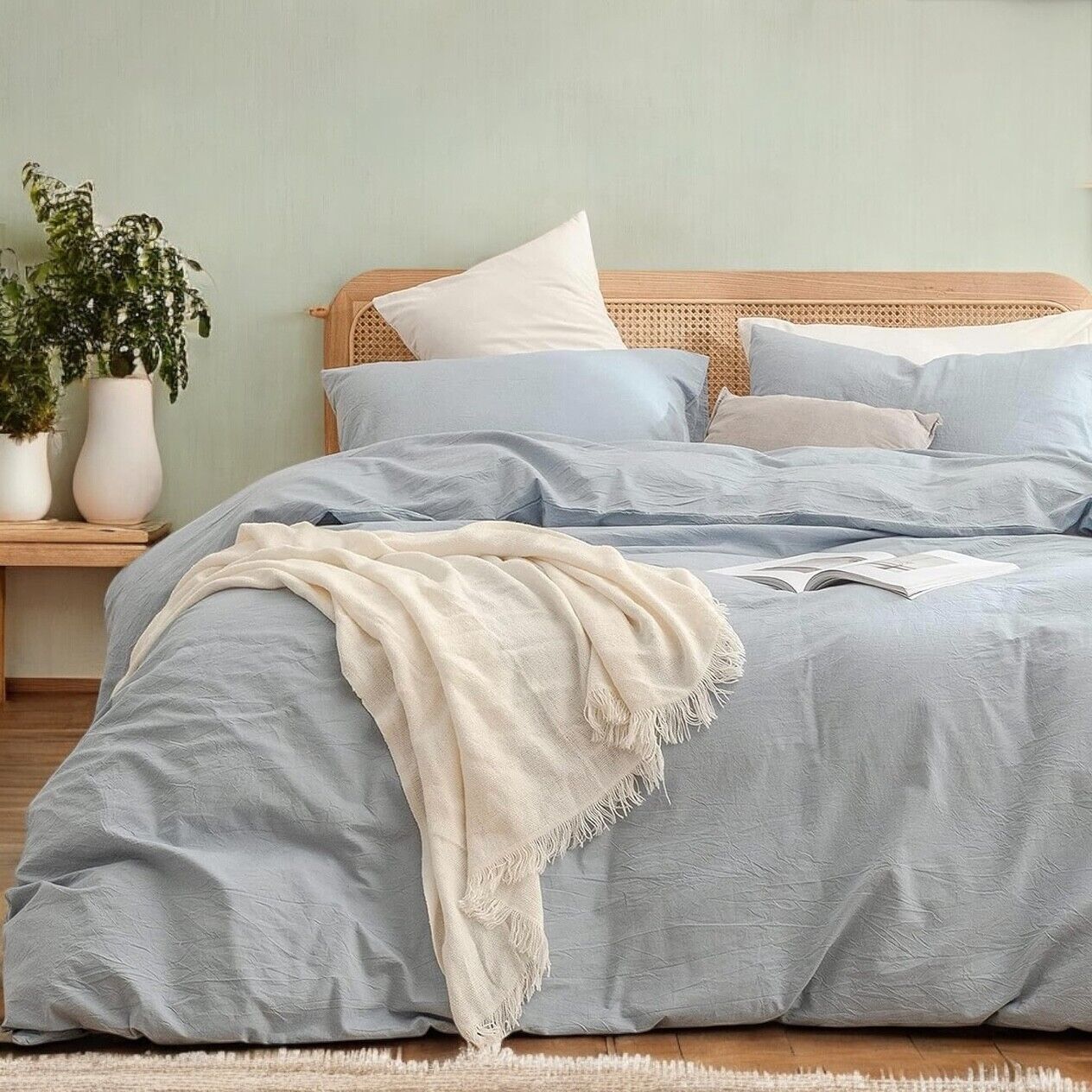 NEW West Elm Light Blue Solid 100% Cotton Modern Bedding Duvet & Sham Case