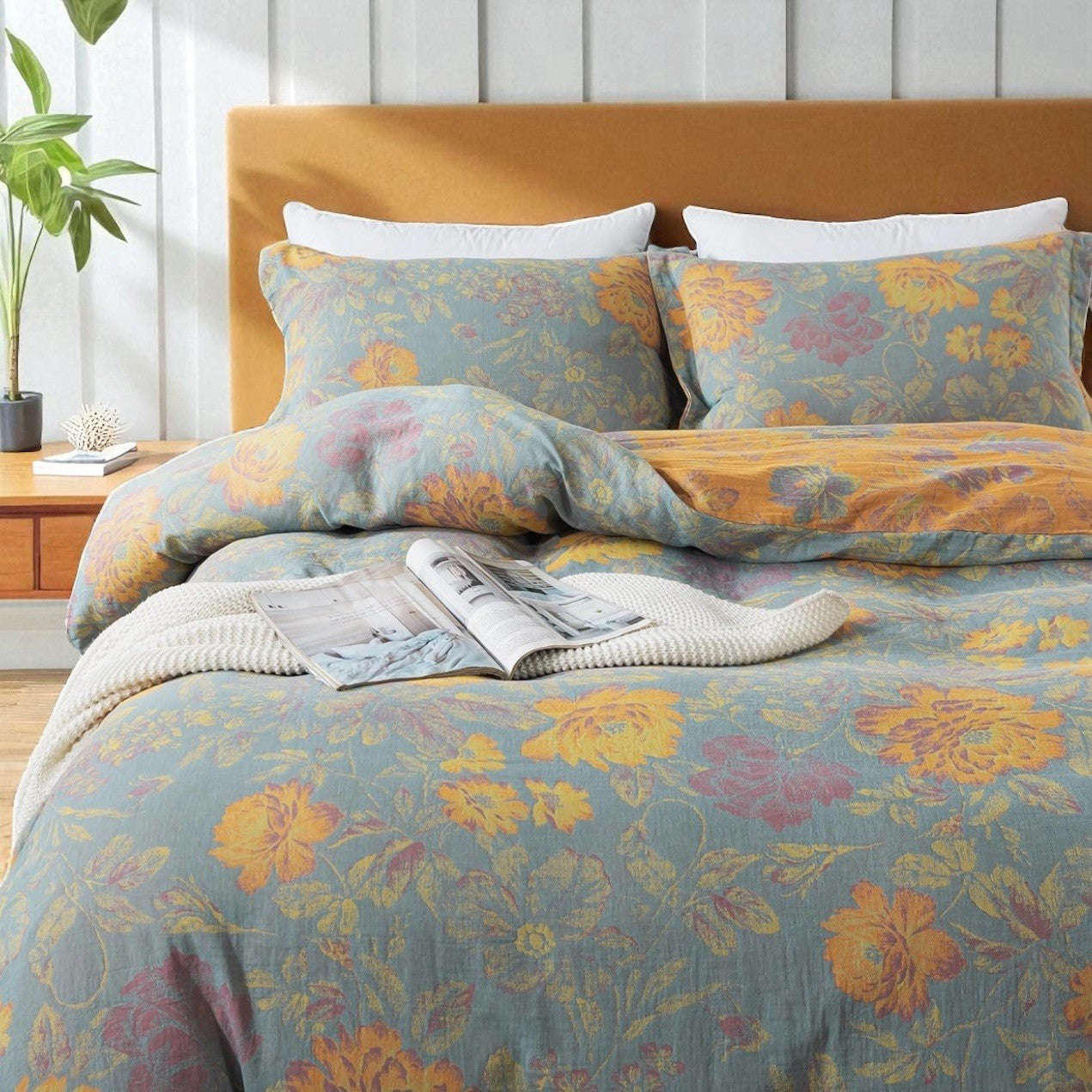 NEW Anthropologie Green Purple Floral Linen Queen / King Bedding Duvet Sham Set