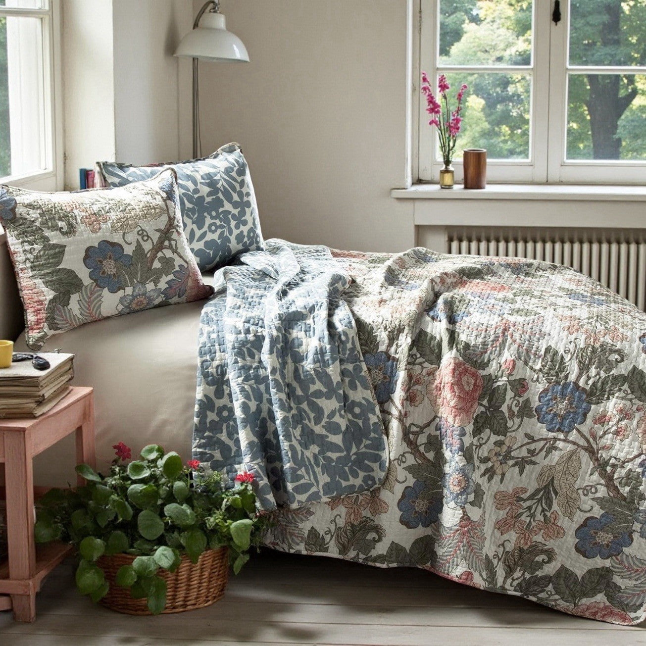 NEW Anthro Cotton Floral Reversible Boho Queen / King Bedding Quilt & Sham Set
