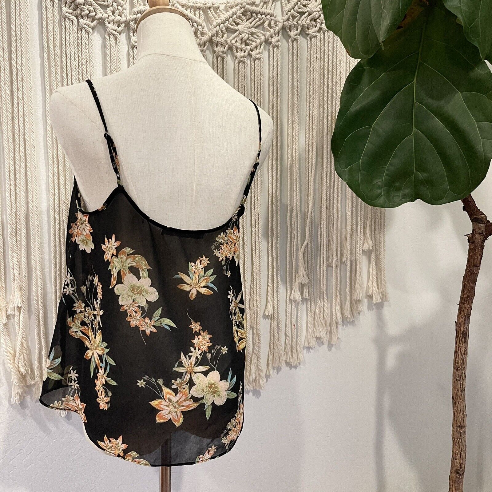 Free People | Black Floral Sheer Tank Top Camisole Shirt - Size Medium