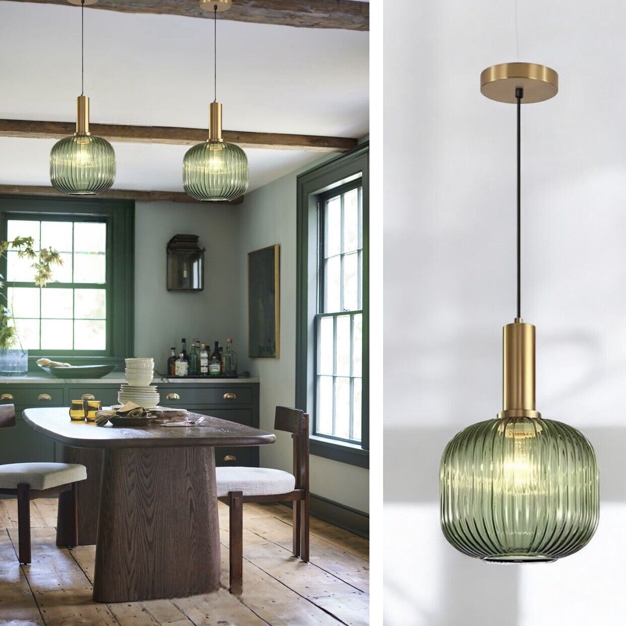 NEW Anthropologie Vintage Green Glass Globe Hanging Gold Pendant Light Fixture