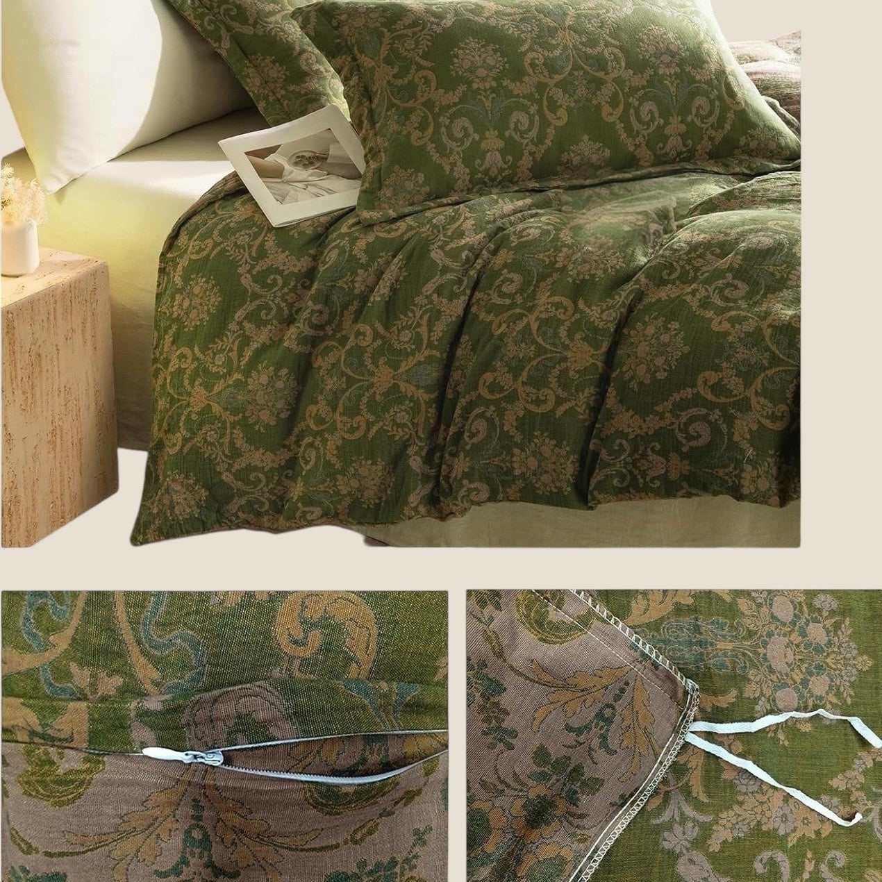NEW Anthropologie Green Linen Reversible Queen / King Bedding Duvet & Sham Set