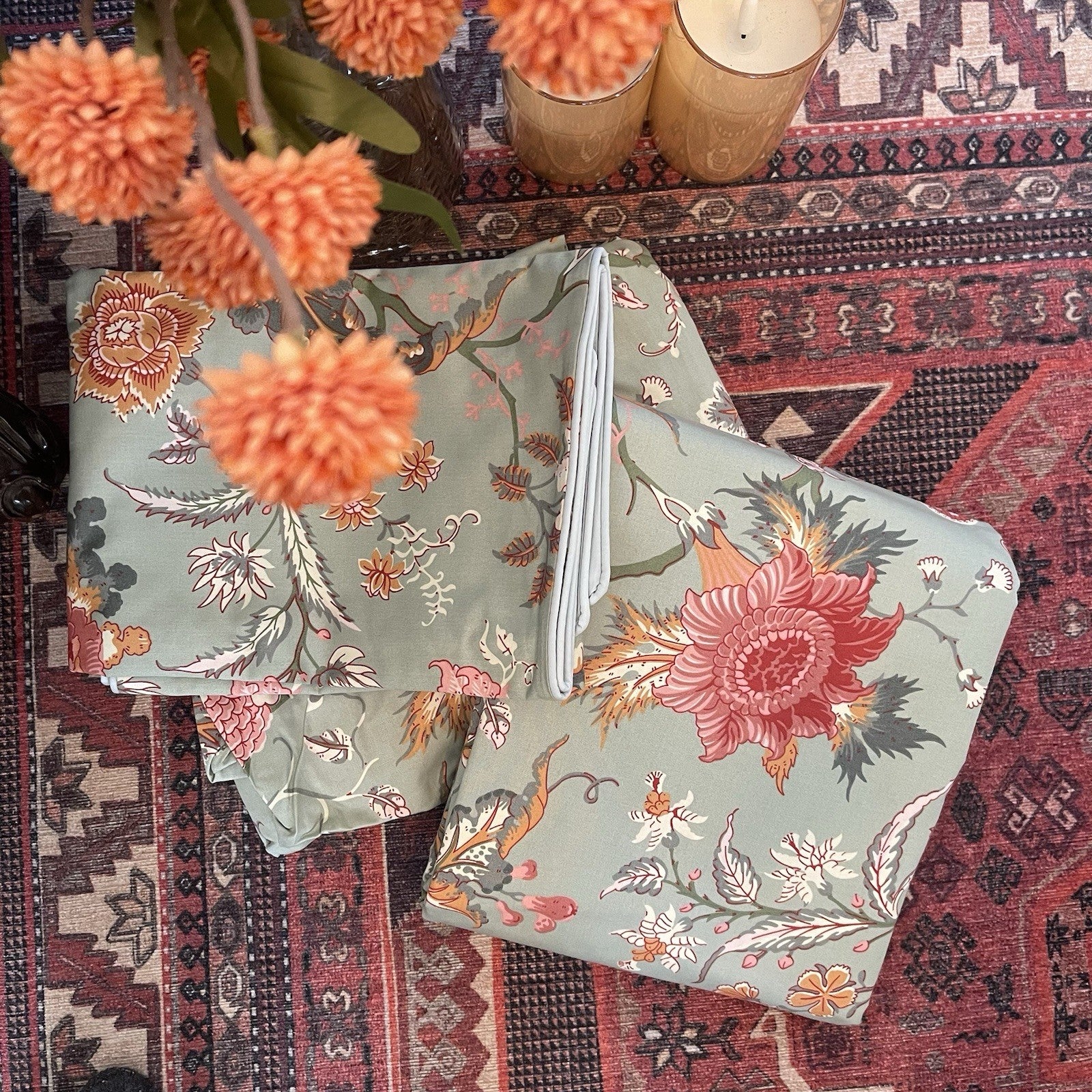 NEW Anthropologie Green Floral King Size Boho Duvet Bedding Sham Case Set