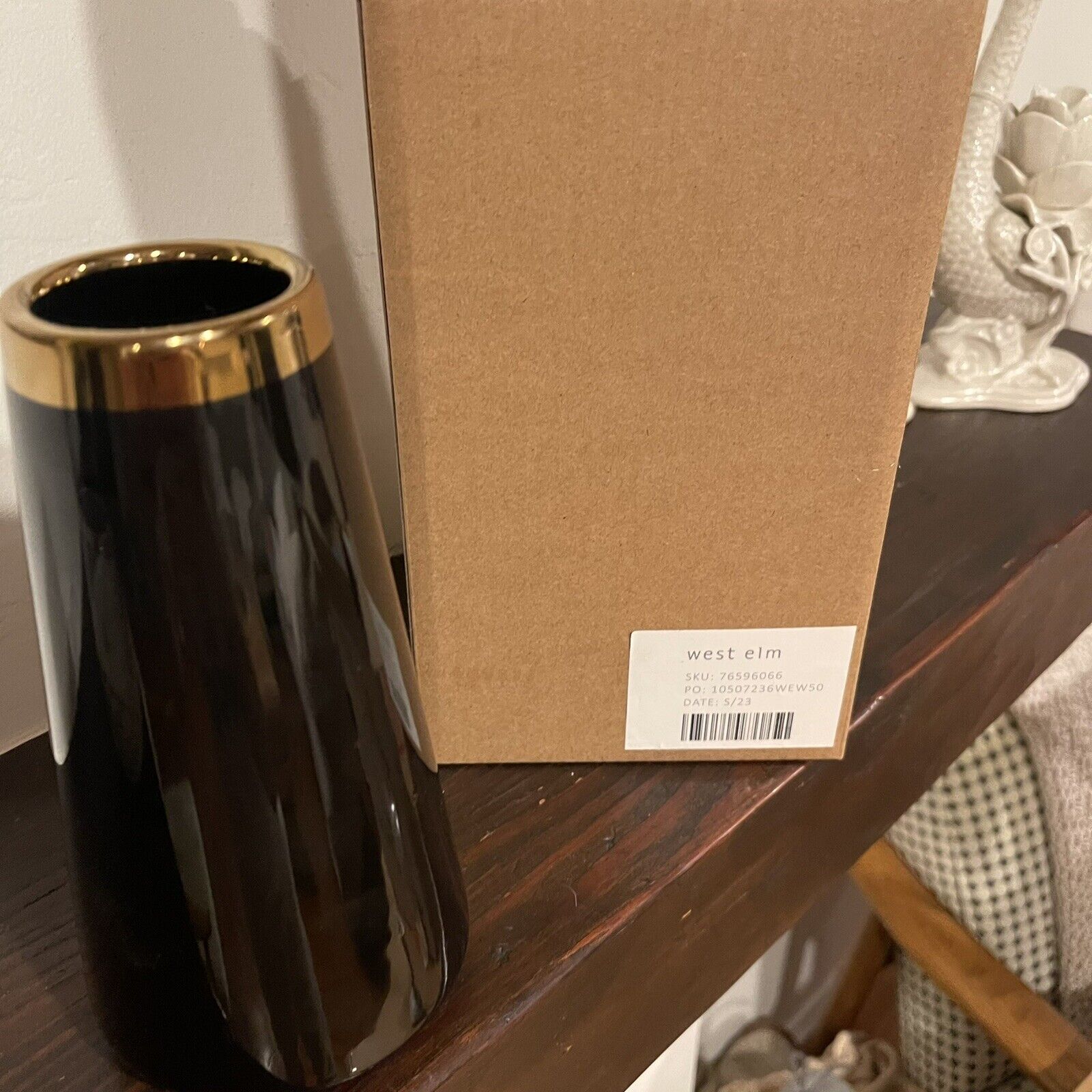 NEW West Elm Large Black Gold Boho Ceramic Cylinder Flower Vase Planter Decor