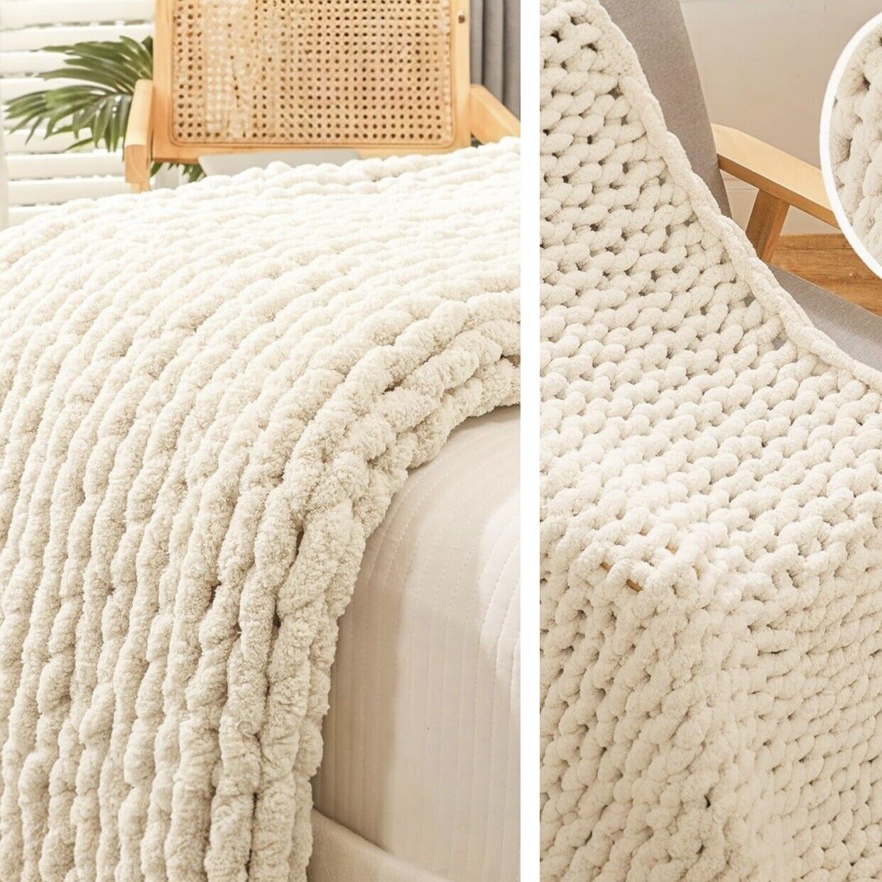 NEW West Elm Boho Chunky White Cable Knit Throw Blanket Bedding - 60" x 40"