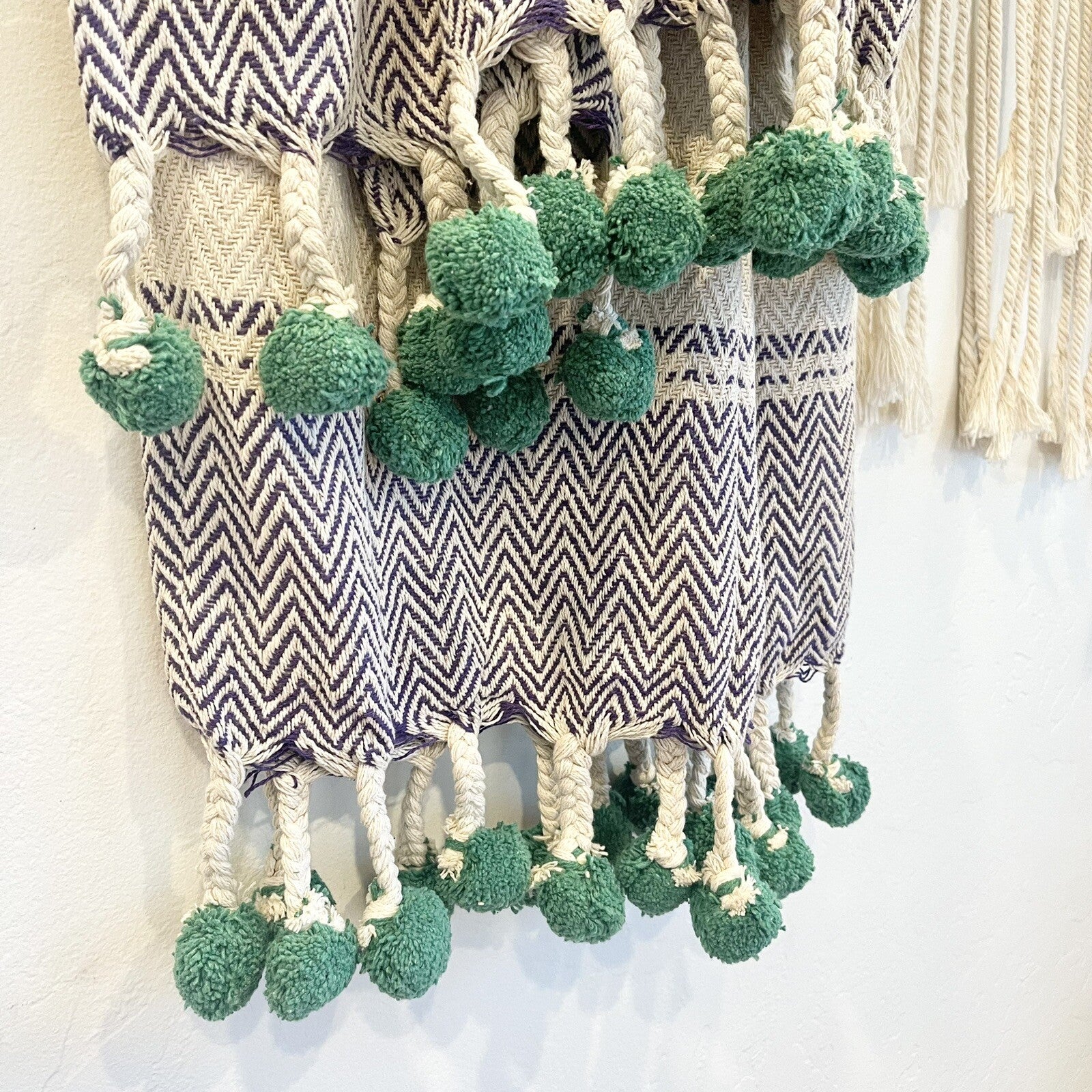 NEW Anthropologie Blue Green Pom Pom Boho Tassel Knit Throw Blanket - 50" x 60"