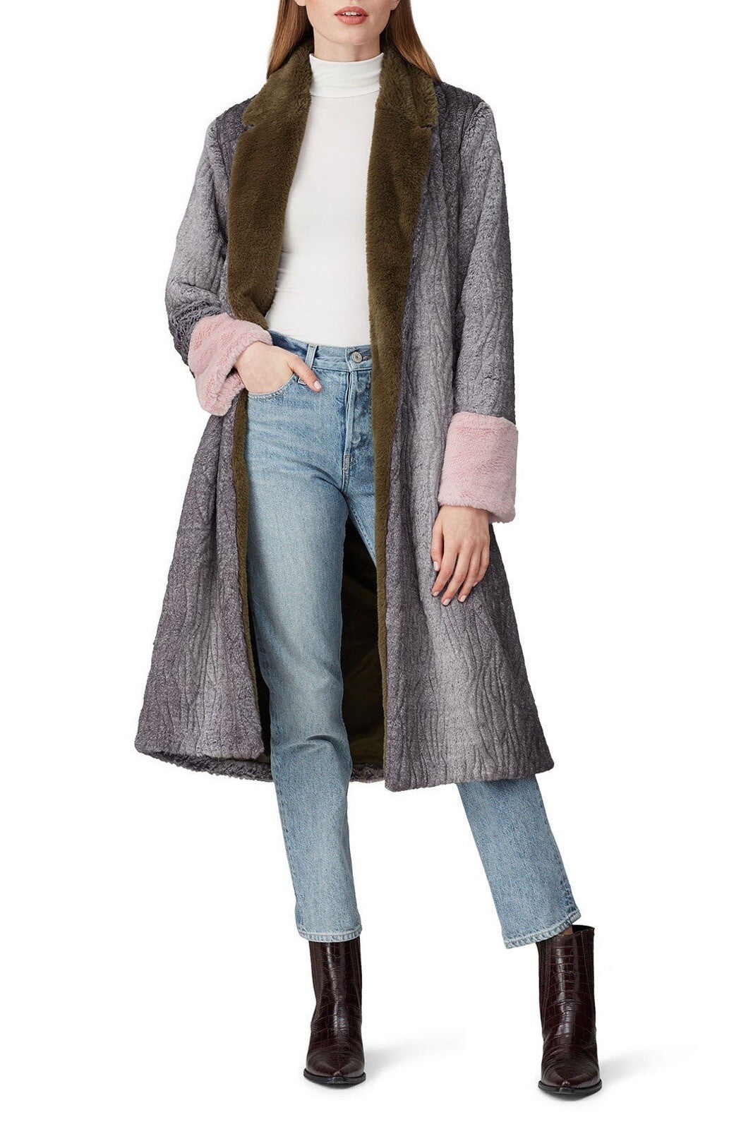 Anthropologie Hutch Grey Green Pink Long Faux Fur Trench Coat Jacket Size Large