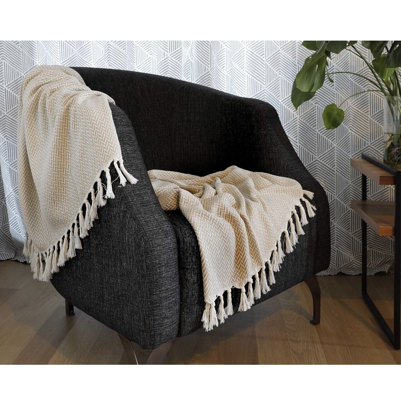 NEW West Elm Boho Beige White Turkish Cotton Tassel Throw Blanket - 60" x 50"