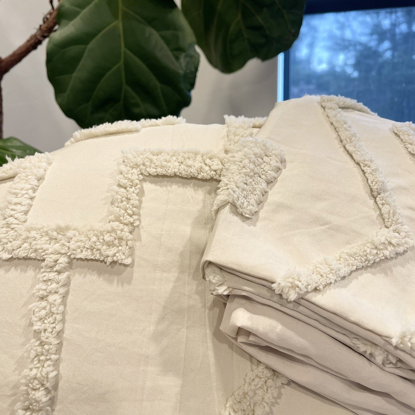 NEW Anthropologie Cream Boho Queen Tassel Comforter Blanket Bedding & Sham Set