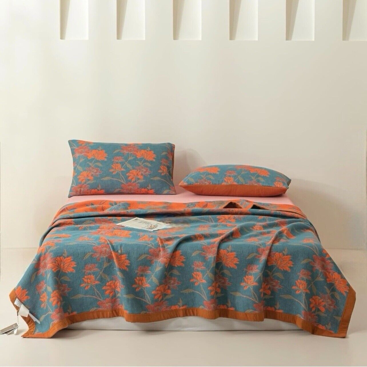 NEW Anthropologie Blue Orange Reversible King Size Bedspread Blanket Sham Set