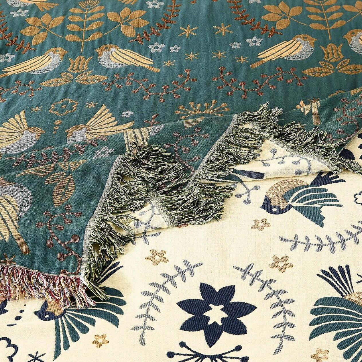 NEW XL Teal Reversible Boho Bird Tassel Throw Blanket Bedspread Quilt 80 x 60