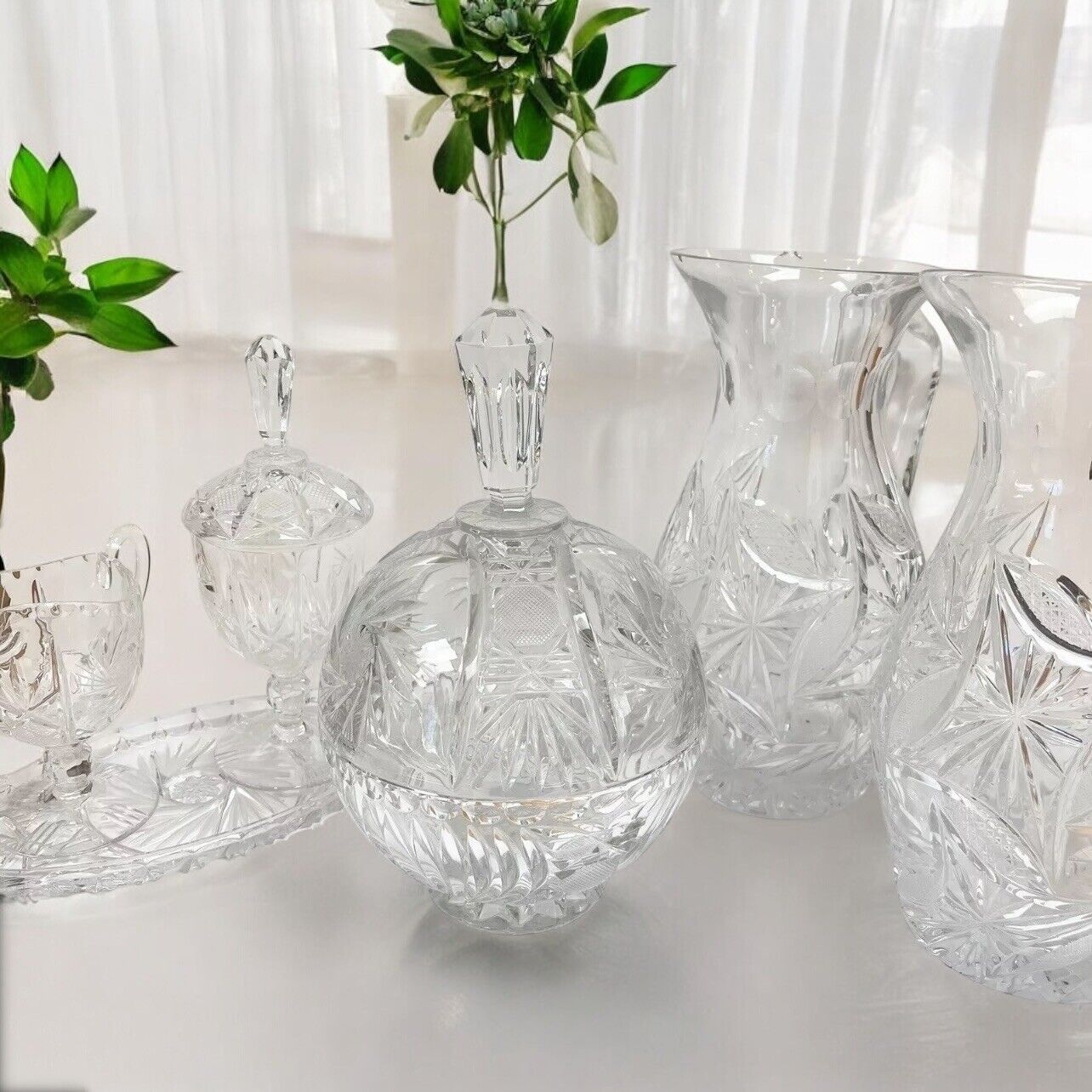 Vintage Cut Glass Pitchers Bowls Tray Candy Dish Antique Communion Set of 6