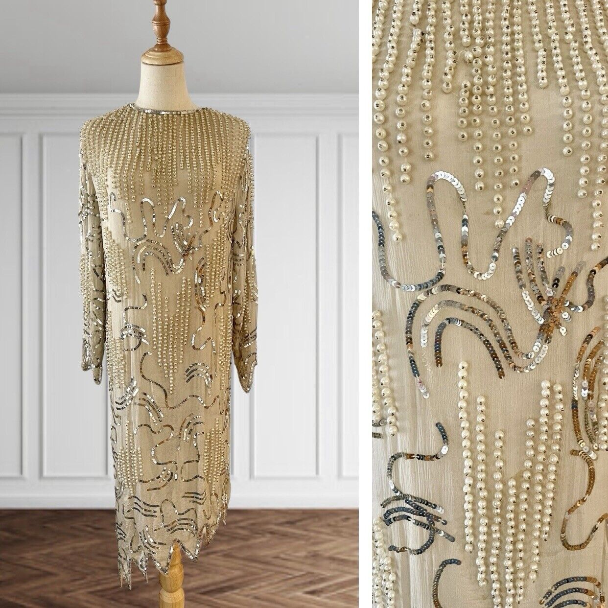 Vintage Carolina Herrera Cream Chiffon Pearl & Sequin Tunic Dress - Size Small