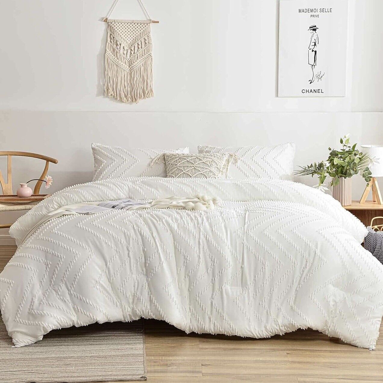 NEW Anthropologie White Tufted Queen Size Fringe Comforter Bedding Sham Case Set