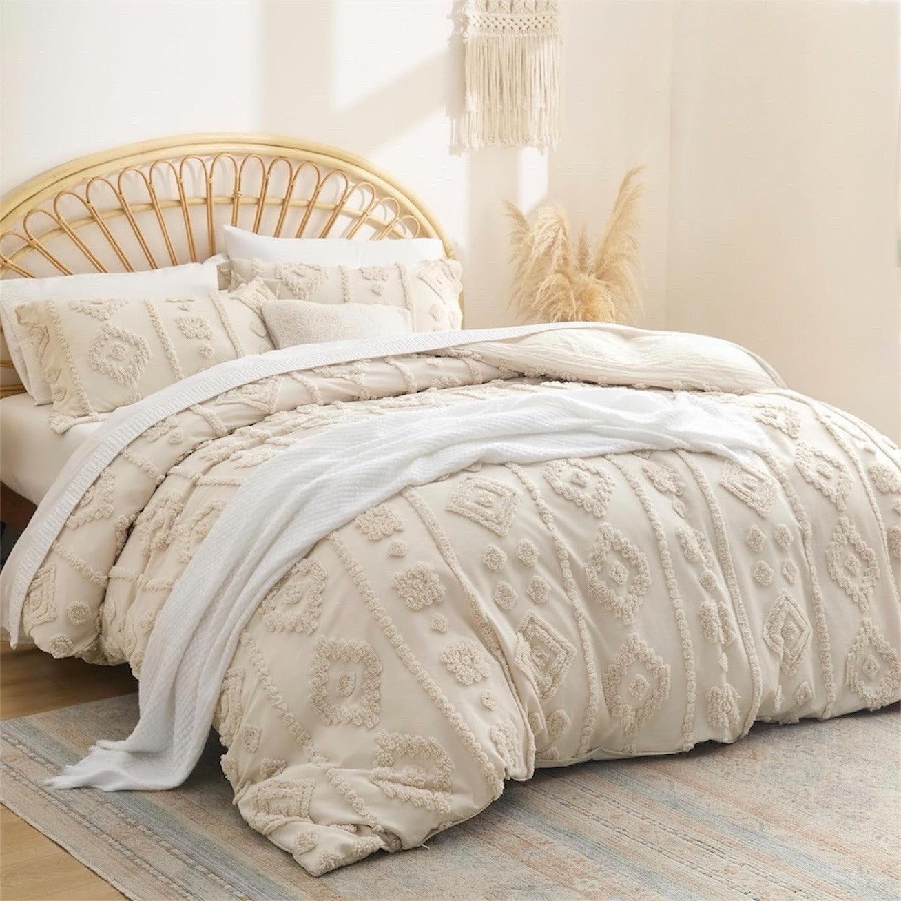 NEW Anthro Beige Cream Tufted Boho Queen / King Size Bedding Duvet & Sham Set