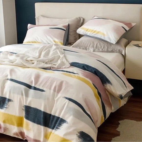 NEW Anthro White Abstract Colors Boho Cotton Queen King Bedding Duvet & Sham Set