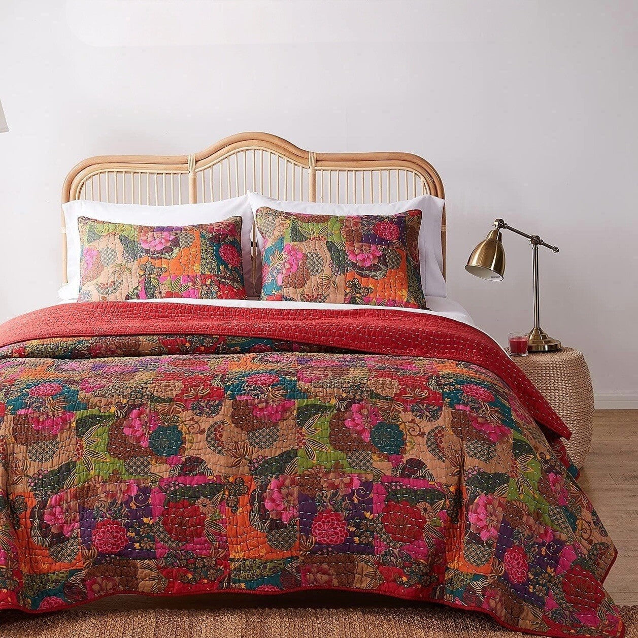 NEW Anthro Red Floral Boho King Quilt Stitch Bedspread Bedding Sham Set