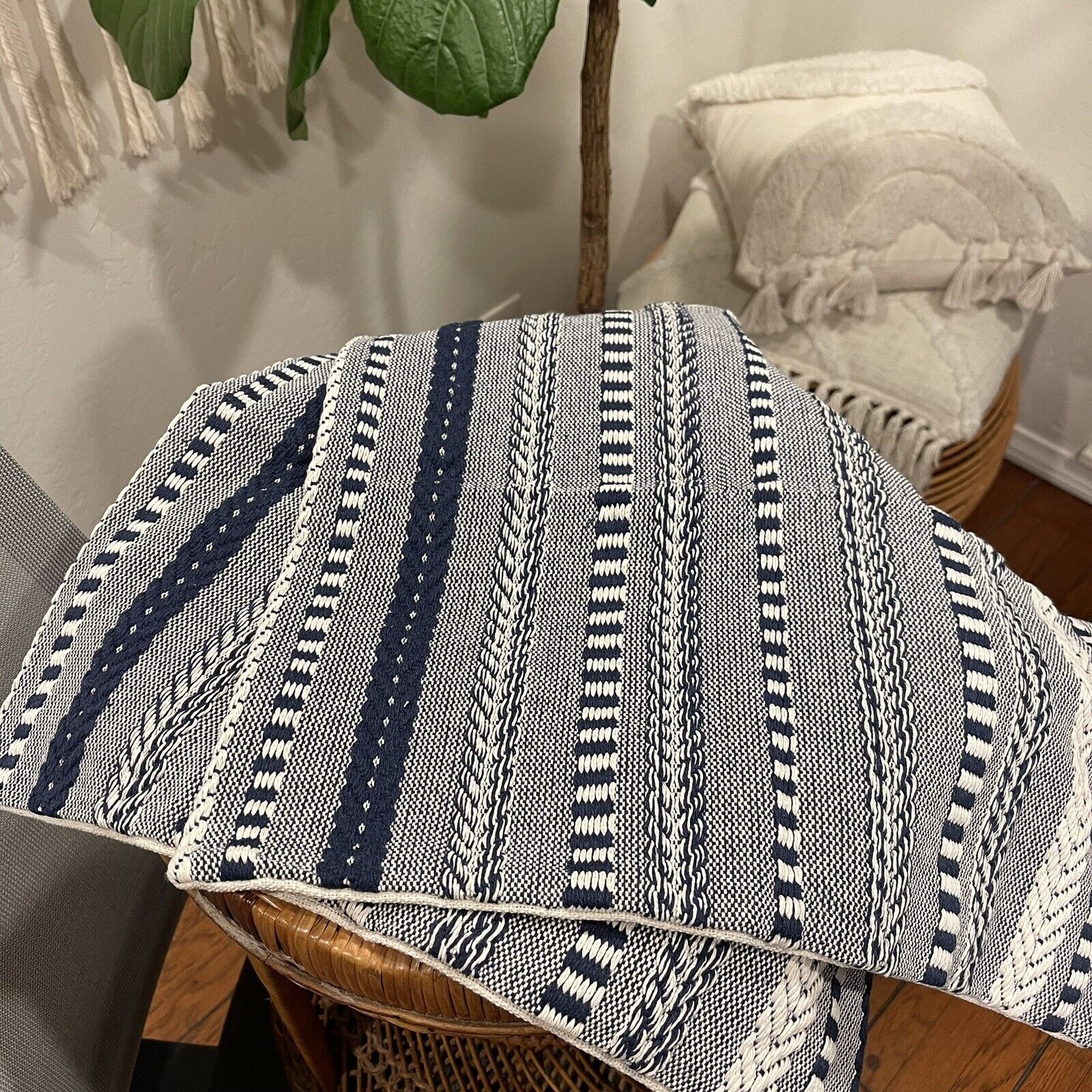 New West Elm Set 2 Navy Blue Boho Embroidered Throw Pillow Case Cover Sham 18x18