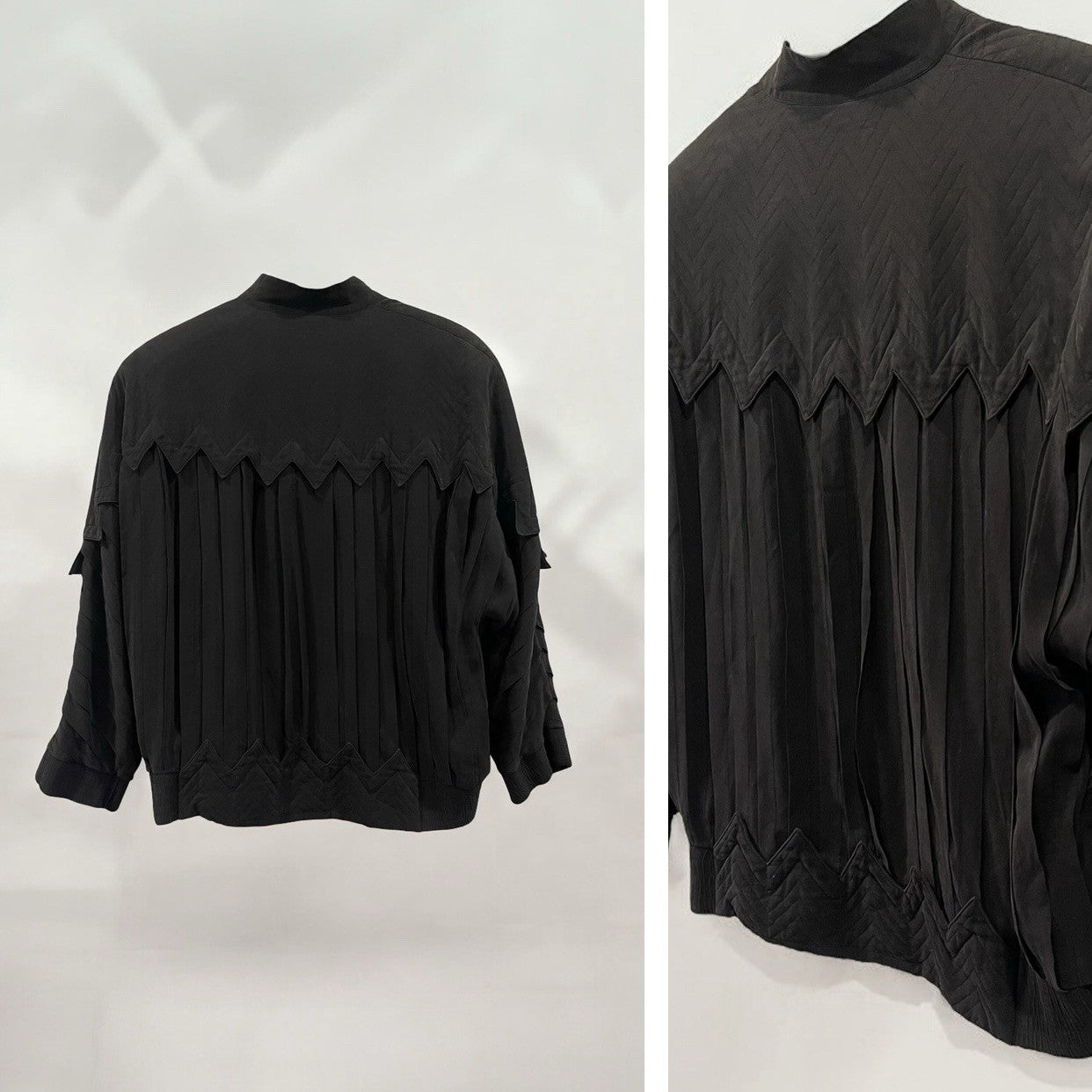 Vintage Black Perlita Pleated Silk Triangle Embroidered Bomber Jacket Coat Large