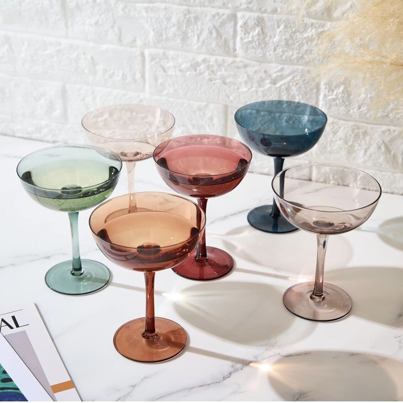 NEW West Elm (Set of 6) Colorful Stemless Crystal Champagne Coupe Glass Bar Set