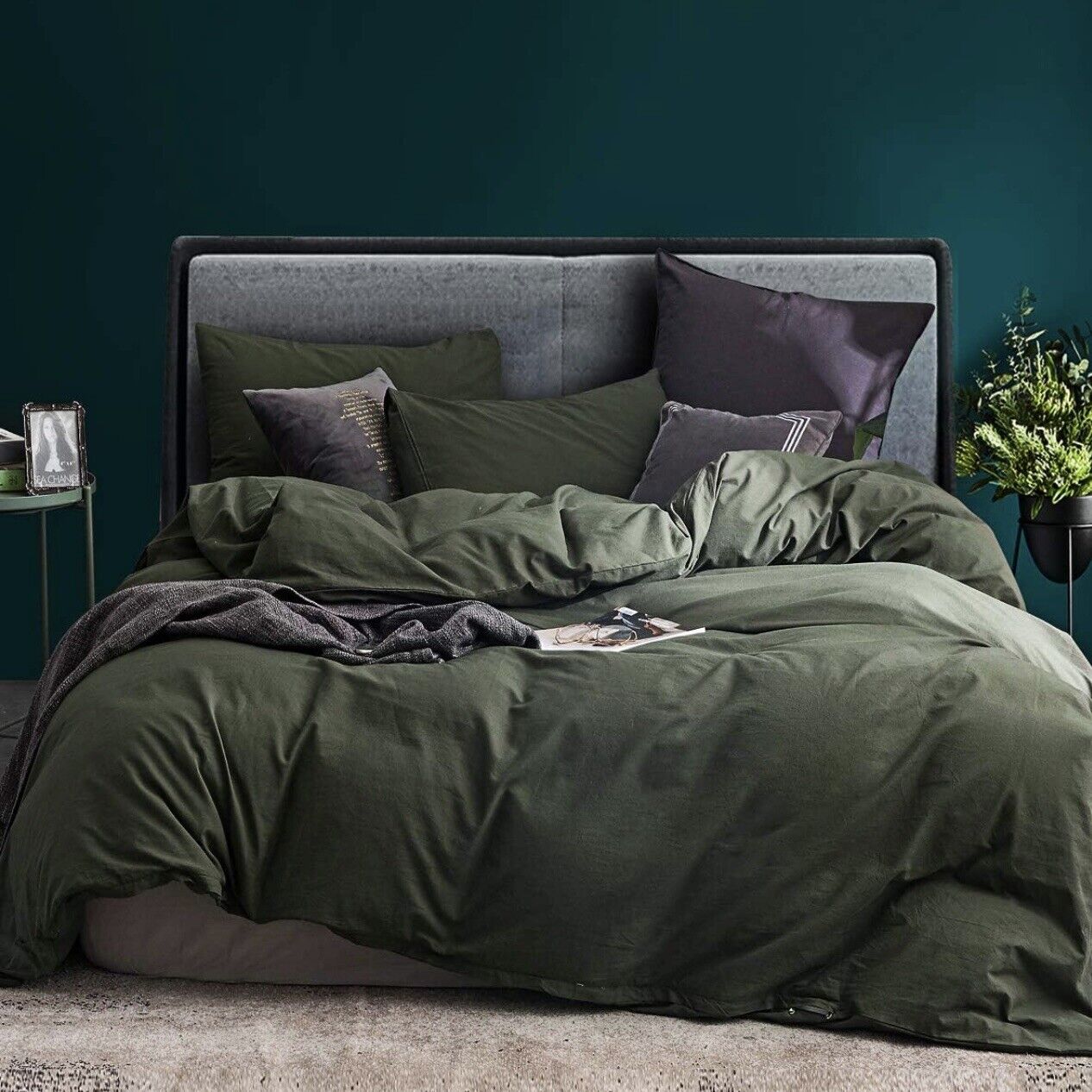 NEW West Elm Dark Green 100% Cotton Boho King Size Bedding Duvet Sham Case Set