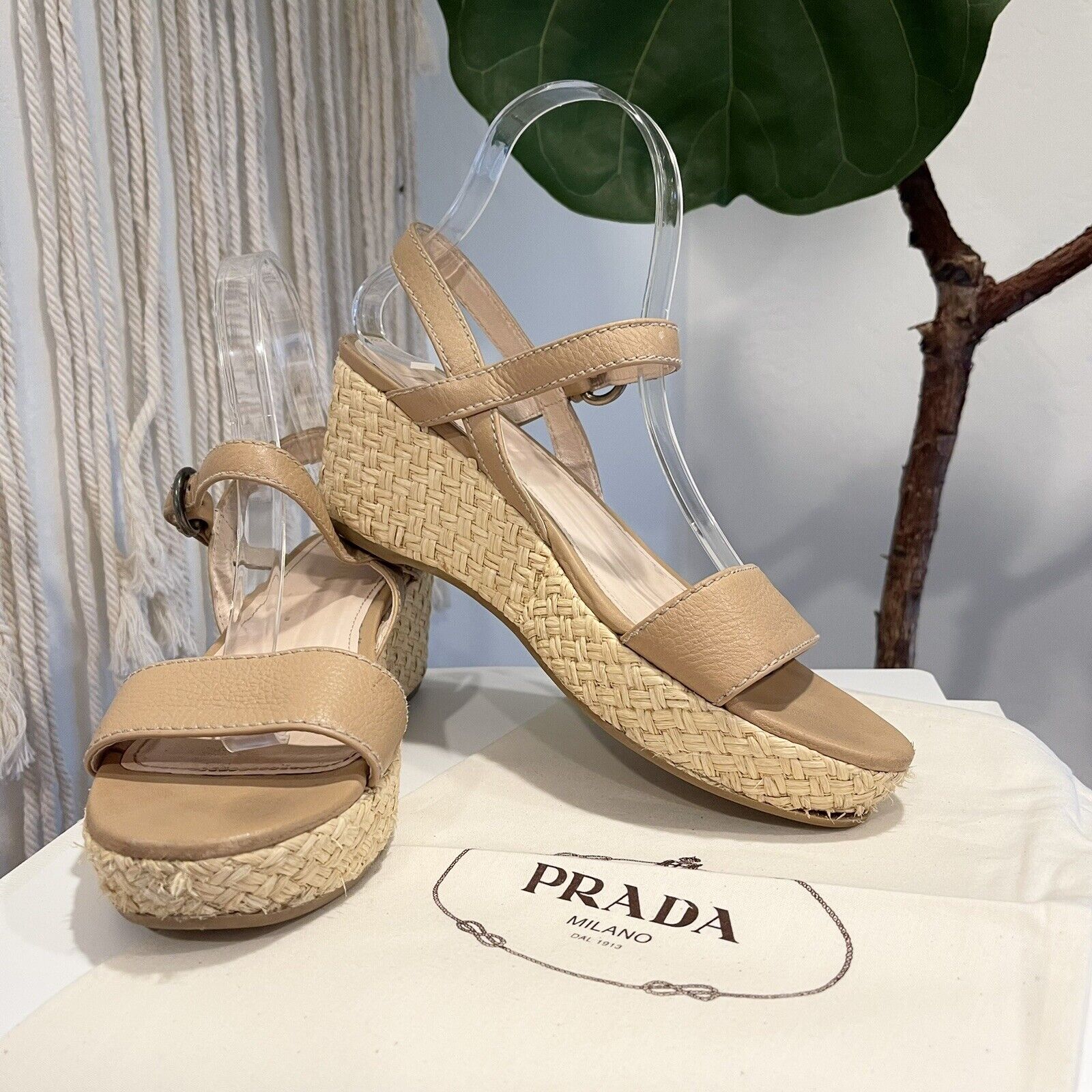 Prada Nude Leather Platform Espadrille Sandals Shoes Wedges | Size 39 / 8.5