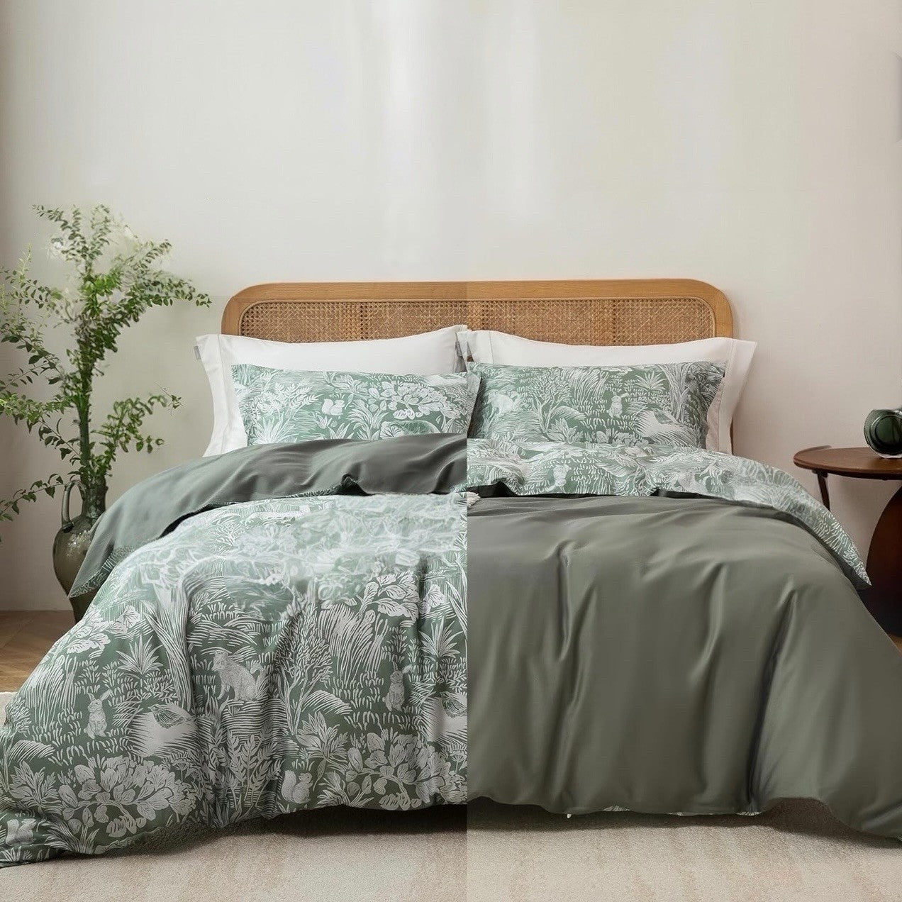 NEW Anthro Green Floral Botanical Full Queen King Cotton Bedding Duvet Sham Set