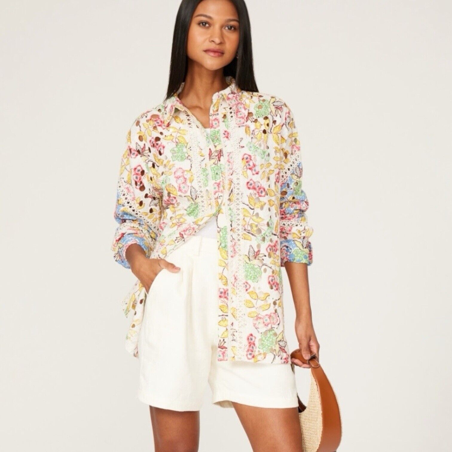 Hemant & Nandita Floral Long Sleeve Embroidered Cutout Shirt Top Size Large / XL