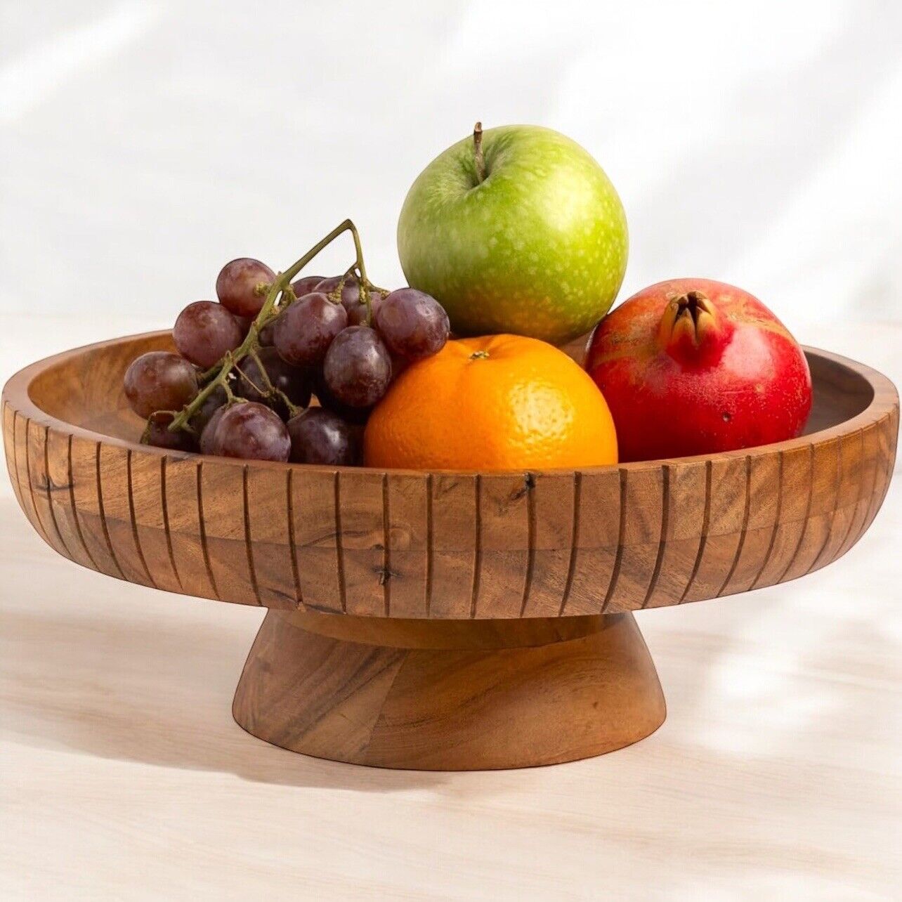 NEW West Elm Large Wood Boho Carved Scalloped Decorative Fruit Bowl Centerpiece