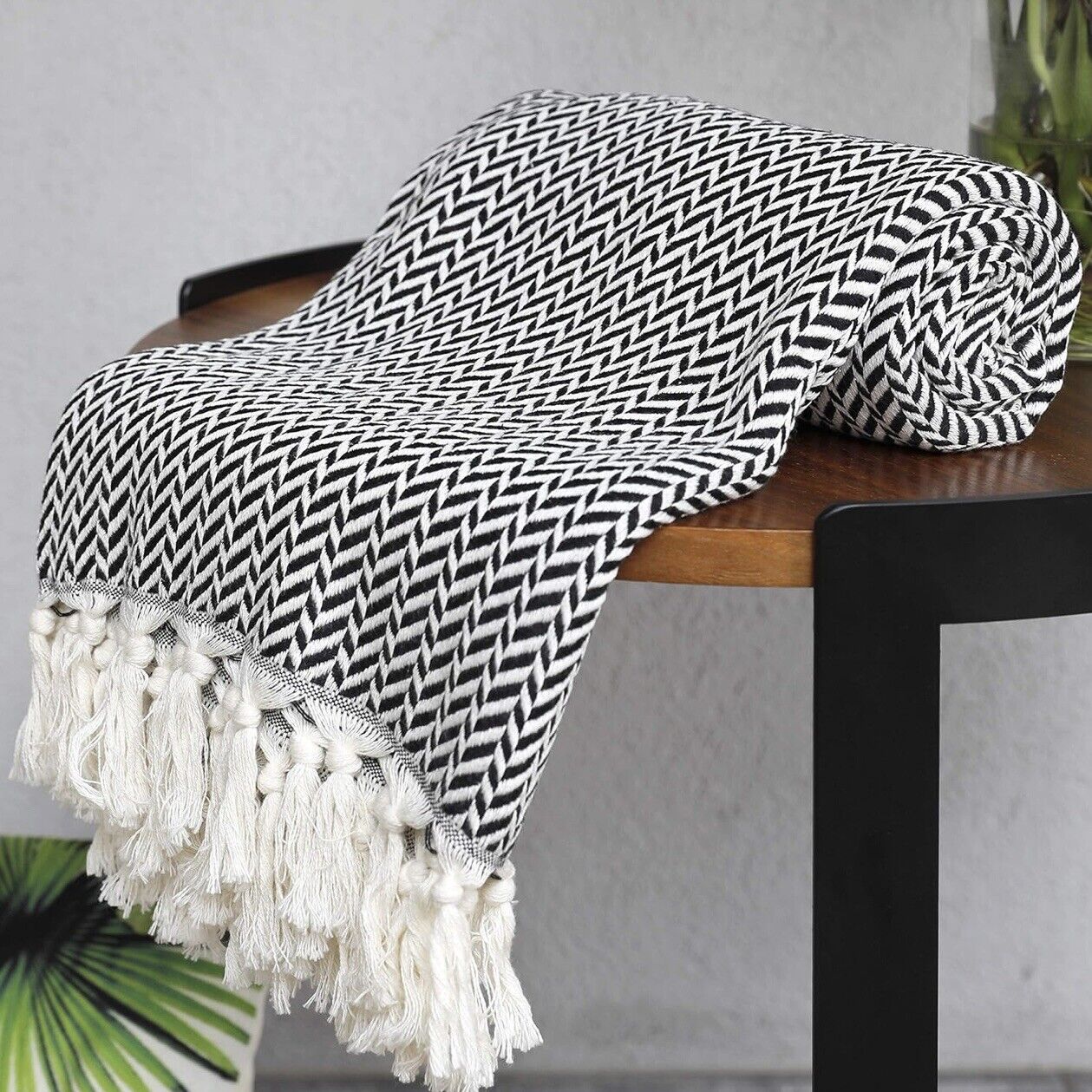 NEW West Elm Boho Black & White Turkish Cotton Throw Blanket Bedding - 60" x 50"