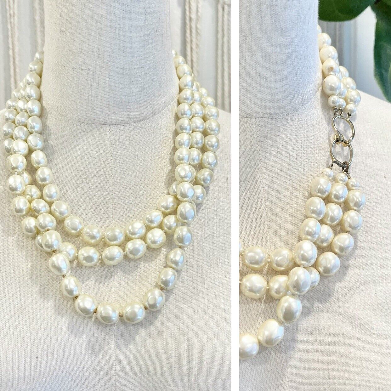 Vintage White Pearl Ceramic Long Beaded Layered Necklace Jewelry Retro Antique