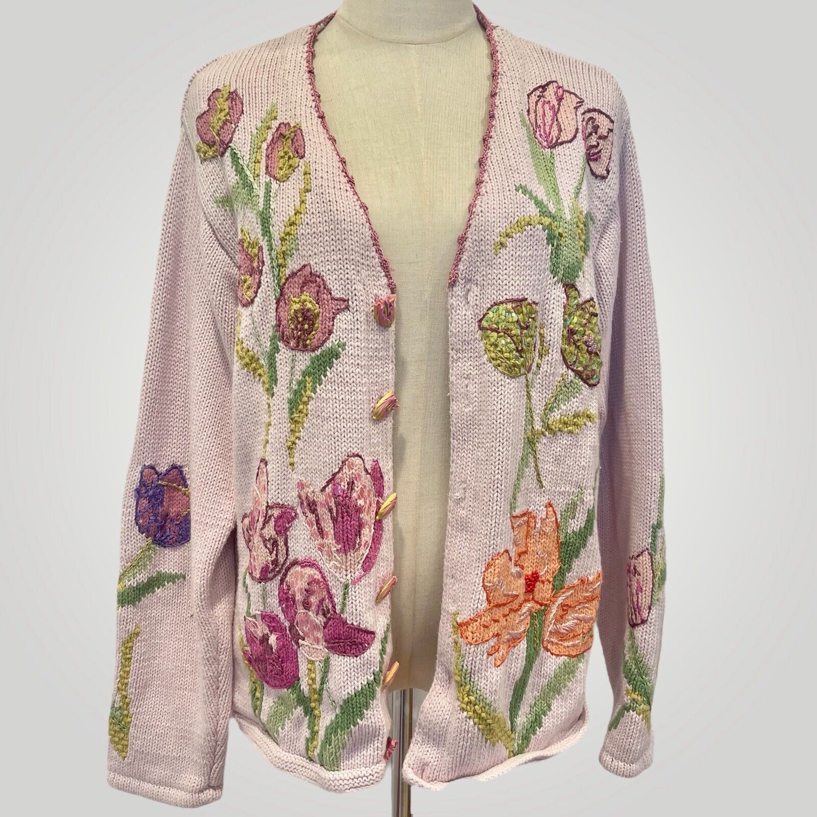 Vintage Storybook Knits Pink Floral Embroidered Sequin Sweater Cardigan - Large