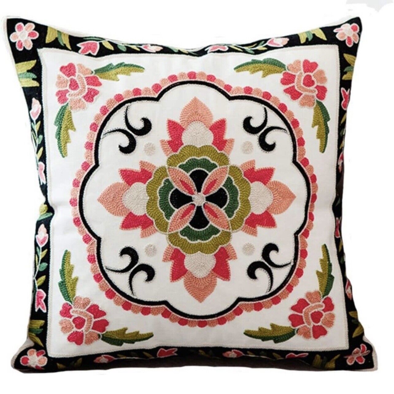 NEW Anthropologie Boho Floral Embroidered Throw Pillow Cover Case Sham 18" x 18"