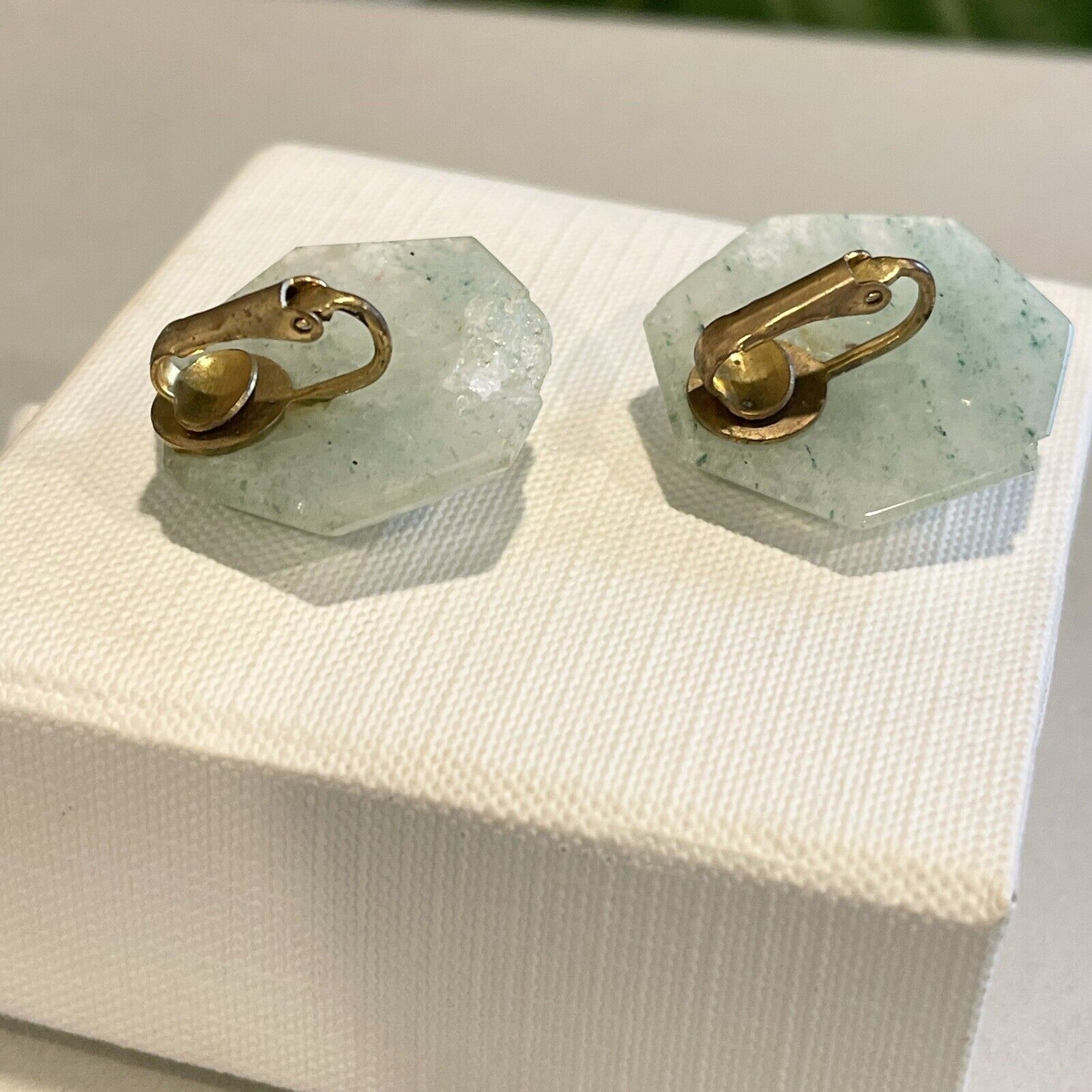 Vintage Aquamarine Beryl Green Blue Stone Clip-on Stud Earrings Retro Jewelry