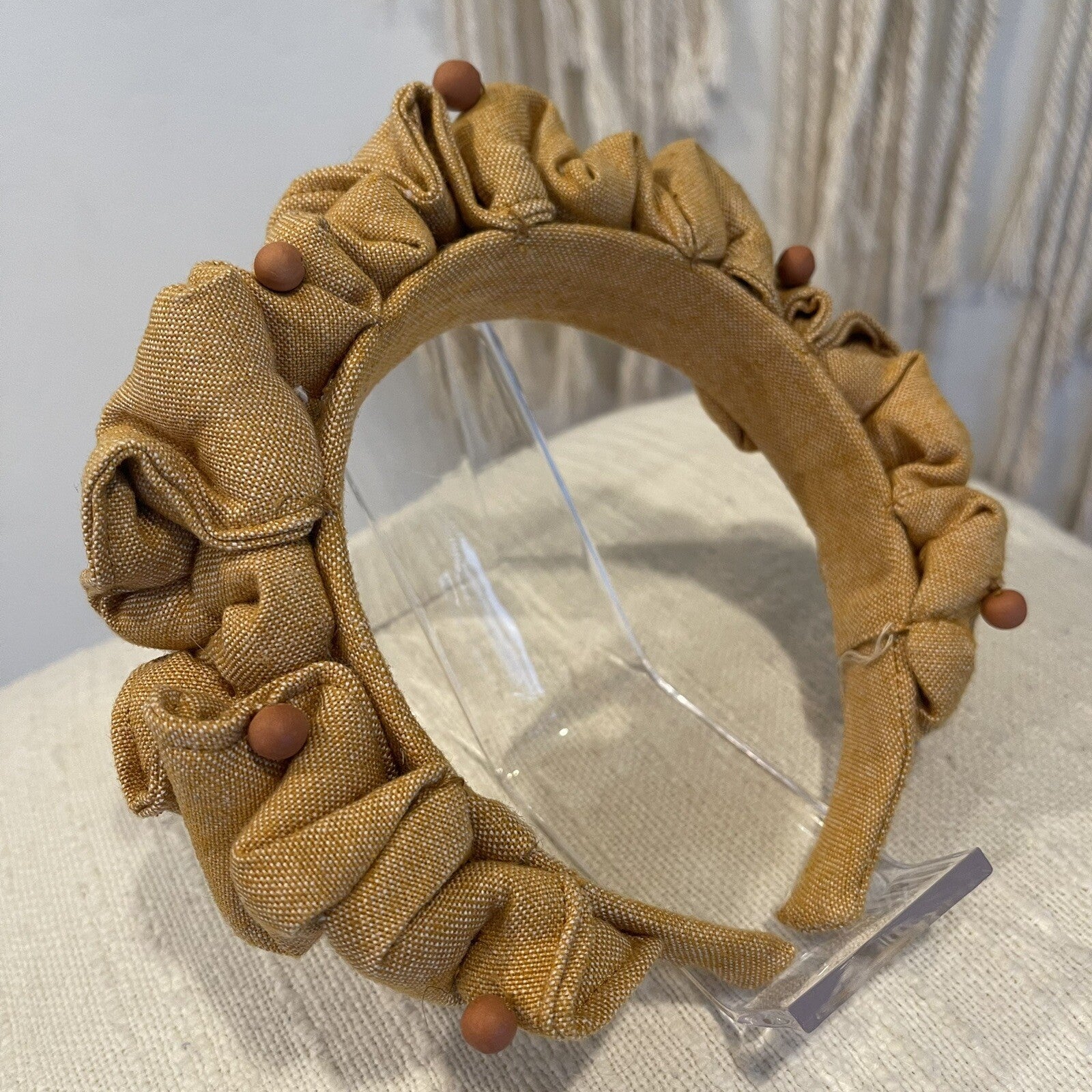 NEW Anthropologie Boho Gold / Orange Beaded Fabric Ruffle Headband Accessory