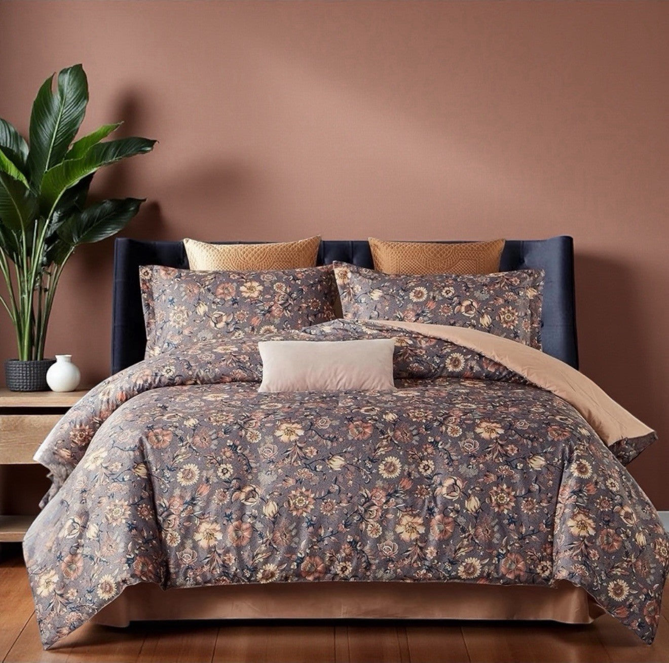 NEW Anthropologie Purple Silky Floral Boho Queen Size Comforter Bedding Sham Set