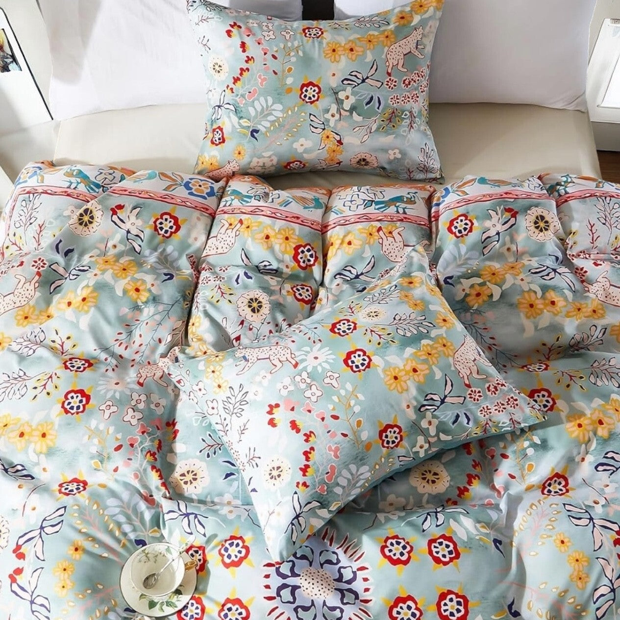 NEW Anthro Blue Jungle Multicolor Boho Queen / King Bedding Duvet & Sham Case