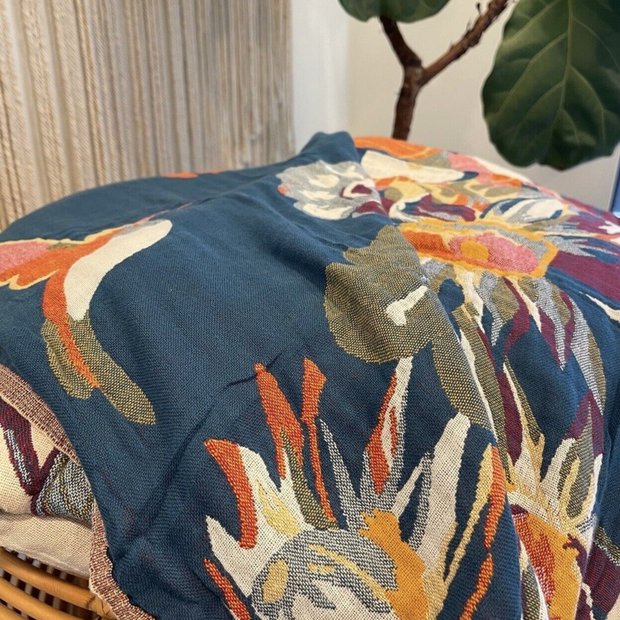 NEW Anthropologie Boho Knit Floral Throw Blanket Bedspread Bedding Quilt 60 x 80