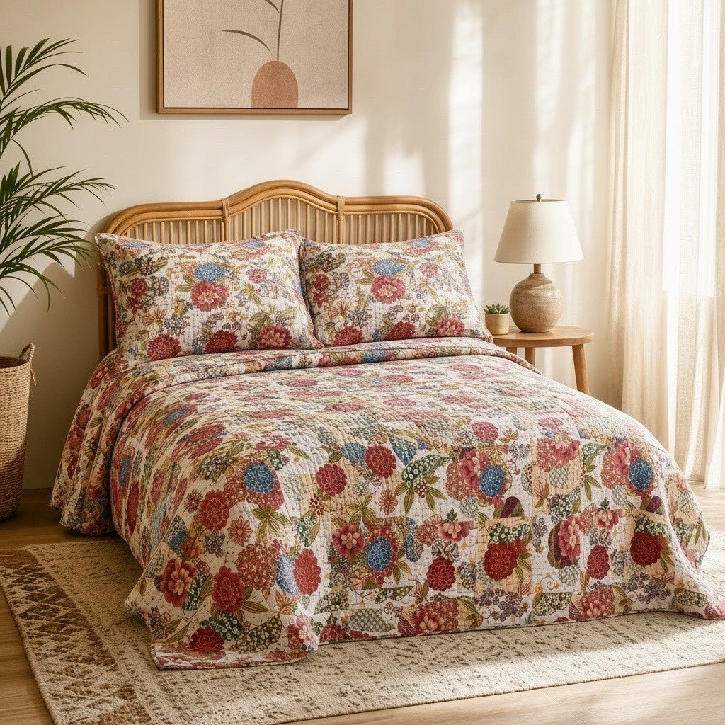 NEW Anthropologie Red White Floral Boho King Quilt Bedspread Bedding & Sham Set
