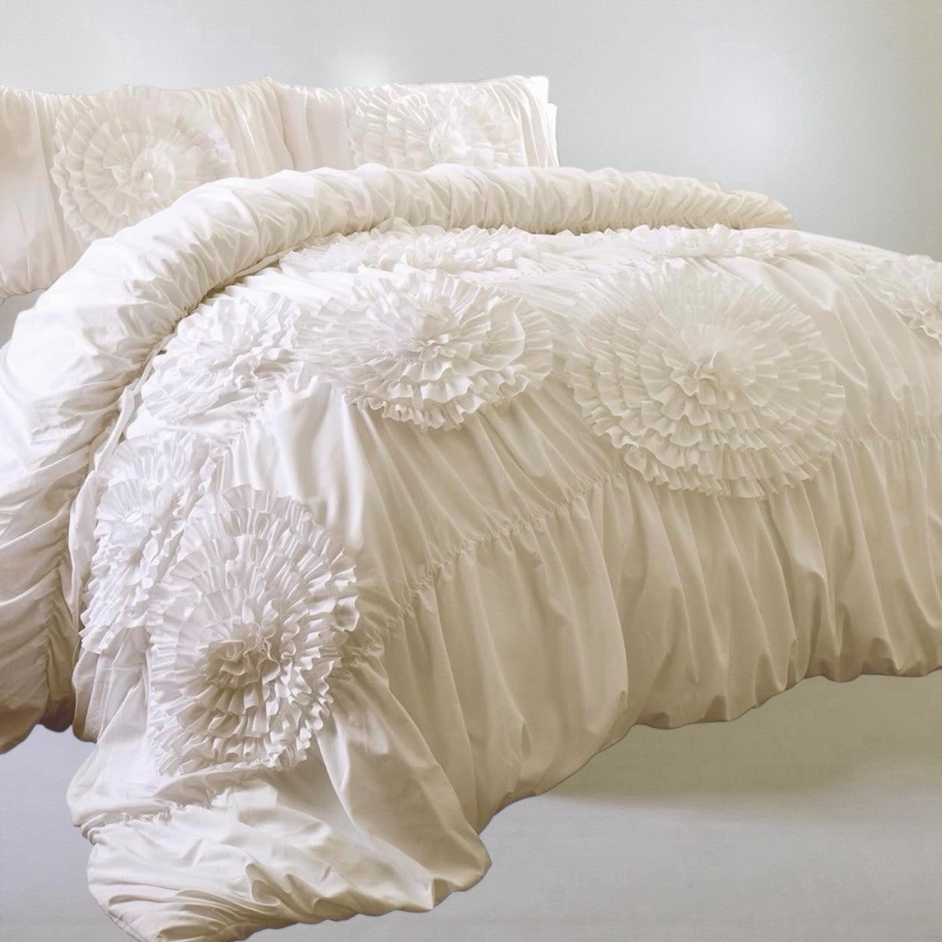 NEW Anthro Ivory Beige 3D Floral Queen / King Boho Comforter Bedding & Sham Set