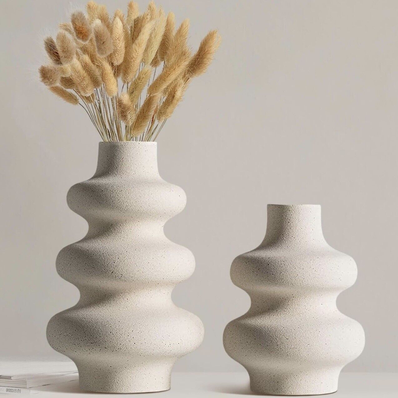 NEW West Elm Large Cream Stoneware Ceramic Geometric Flower Vase Décor Set of 2