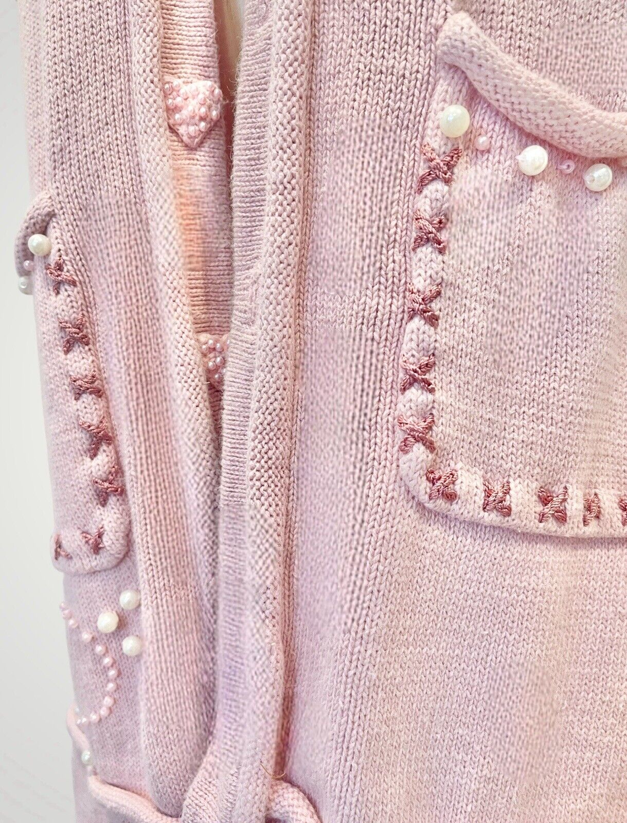 Vintage Storybook Knits Pink Heart Embroidered Pearl Sweater Duster - Medium