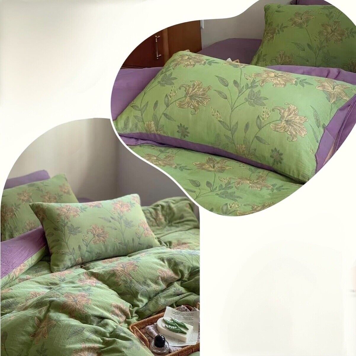 NEW Anthropologie Green Purple Floral Linen Boho Queen Bedding Duvet & Sham Set