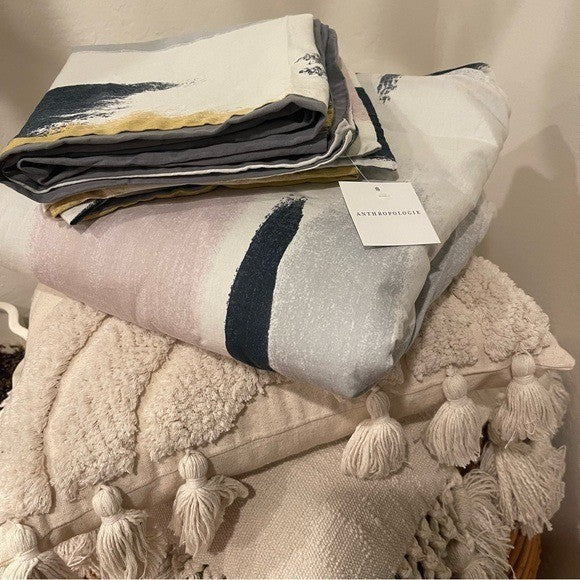 NEW Anthro White Abstract Colors Boho Cotton Queen King Bedding Duvet & Sham Set